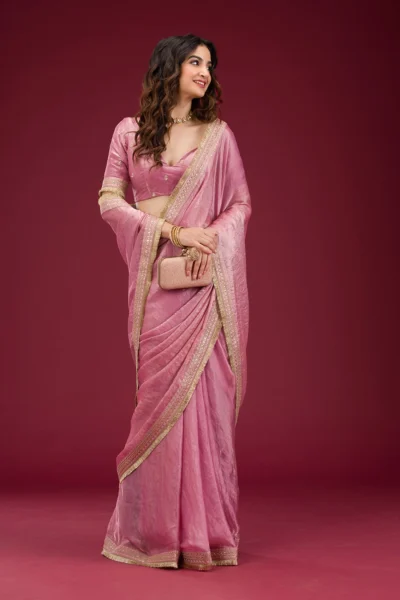 Onion Pink Threadwork Tissue Saree